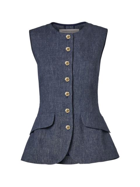 CAROLINA HERRERA Button-Up Linen-Cashmere Blend Top blue