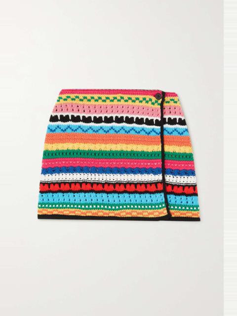 Alanui Over The Horizon striped crocheted cotton mini wrap skirt