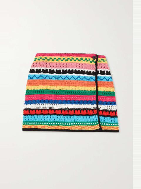 Over The Horizon striped crocheted cotton mini wrap skirt