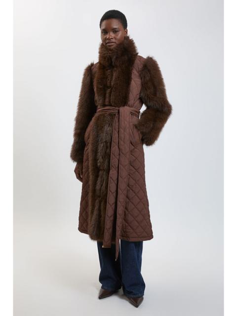 KAREN MILLEN Faux Fur & Quilted Padded Mix Belted Midi Coat