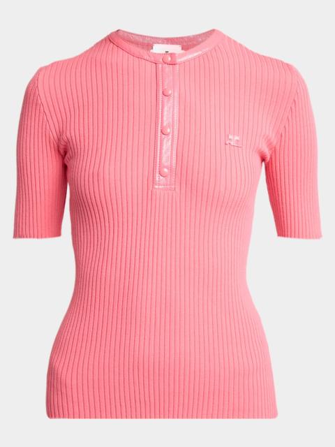 courrèges Vinyl-Trim Short-Sleeve Rib Top