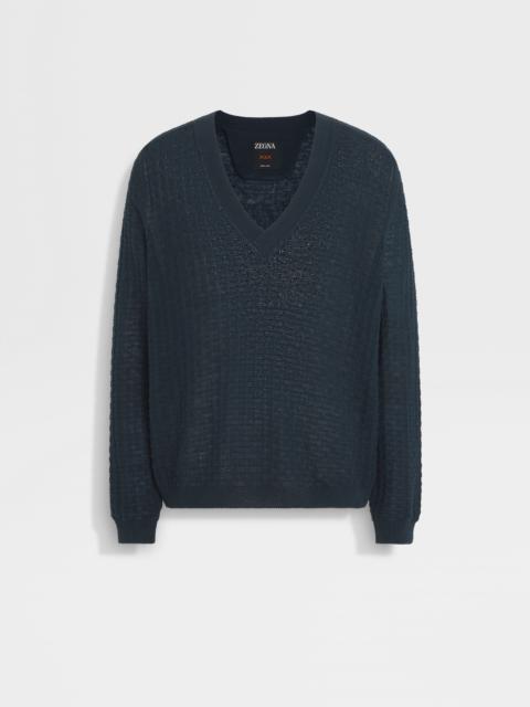 ZEGNA DARK TEAL BLUE OASI LINO V-NECK