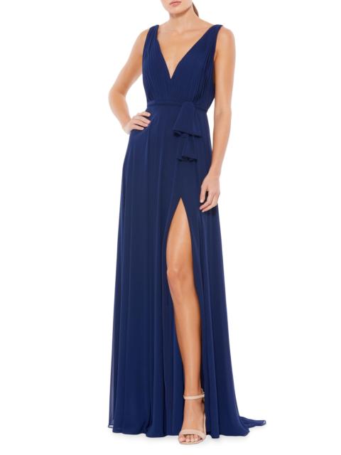 MAC DUGGAL Women's Pleated V-Neck Draped Tie Gown - Midnight