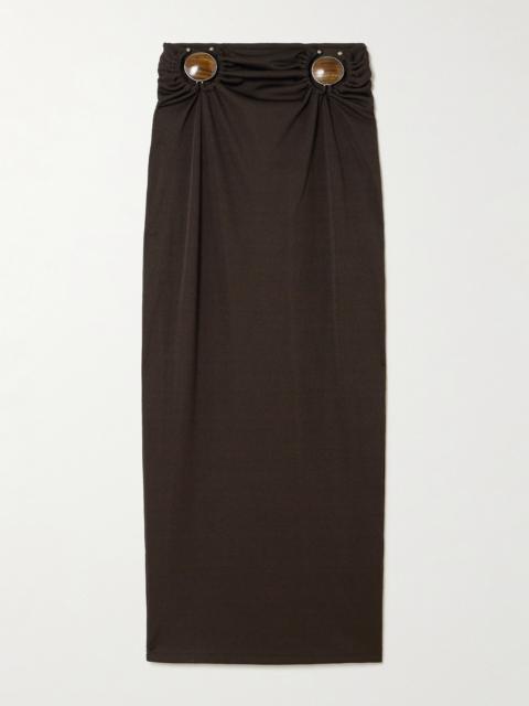 CHRISTOPHER ESBER Mineral Stone Embellished Ruched Ribbed Jersey Midi Skirt