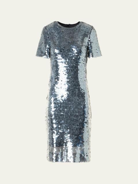 AKRIS Lucid Sequined Tulle Short-Sleeve Dress