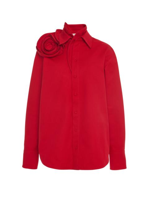 Valentino Flower-Detailed Collared Cotton-Blend Shirt red