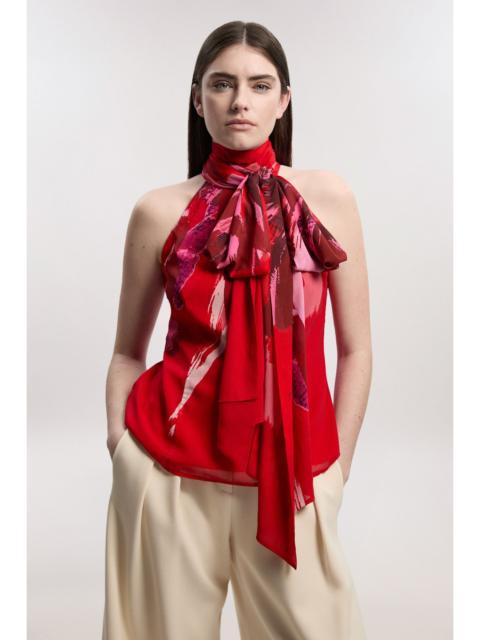 KAREN MILLEN Photographic Floral Crinkle Georgette Sleeveless Tie Neck Woven Top