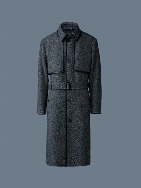 CORBIN-HB Herringbone wool trench coat with leather detail