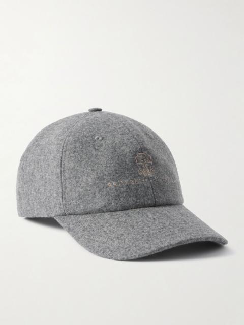 Brunello Cucinelli Logo-Embroidered Leather-Trimmed Wool-Flannel Baseball Cap Gray