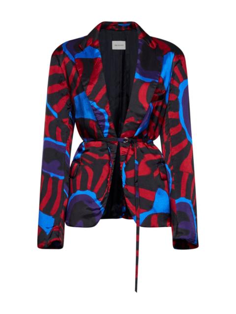 Dries Van Noten Red Marbled Clay-print twill Blursy belted blazer