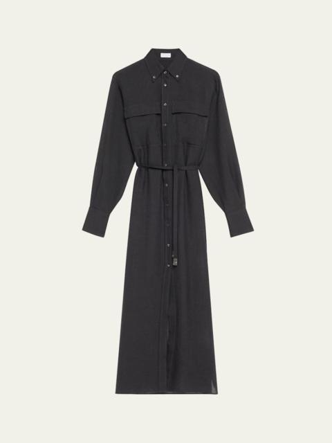 Brunello Cucinelli Long Wool Gauze Shirt Jacket Dress with Waist Tie
