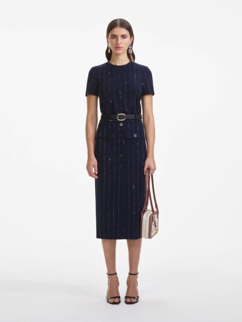 self-portrait Navy Rhinestone Pinstripe Midi Skirt