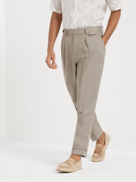 Linen micro chevron leisure fit trousers with double pleats and tabbed waistband