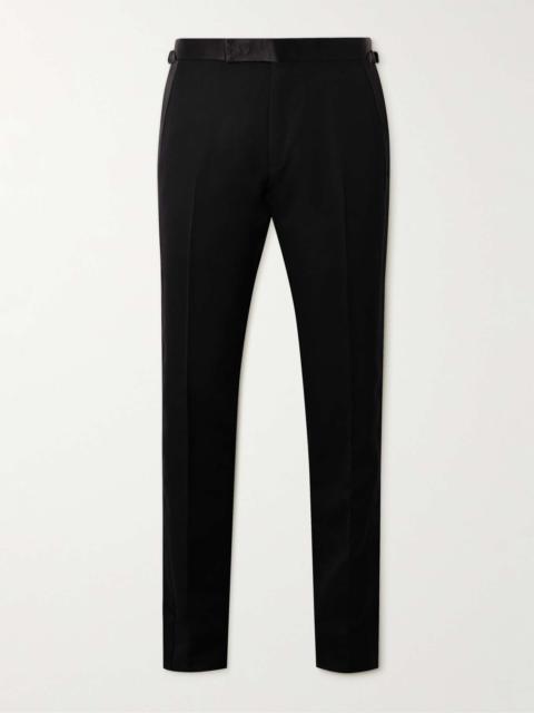 TOM FORD Straight-Leg Pleated Satin-Trimmed Grain De Poudre Wool and Mohair-Blend Tuxedo Trousers