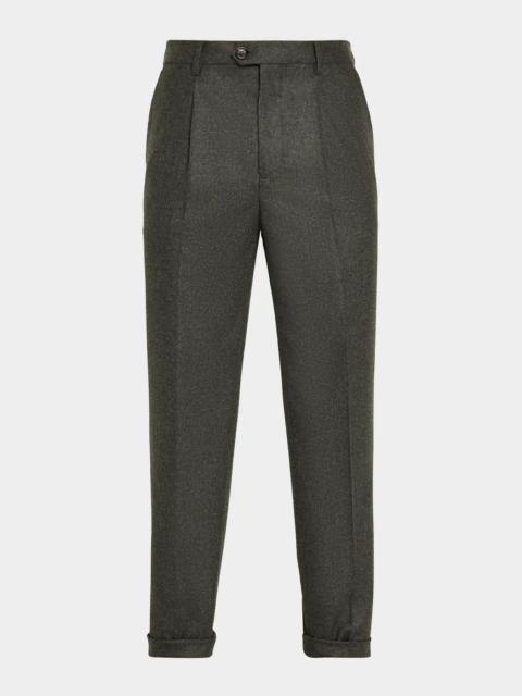 Brunello Cucinelli Men's Carded Flannel Pleated Trousers