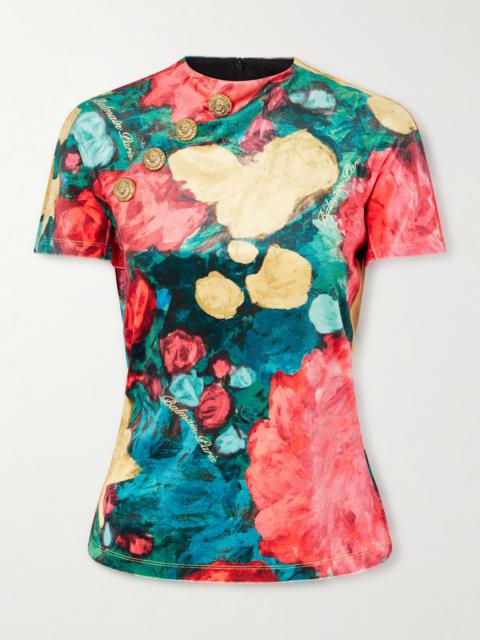 Balmain Embellished Floral-print Velvet T-shirt