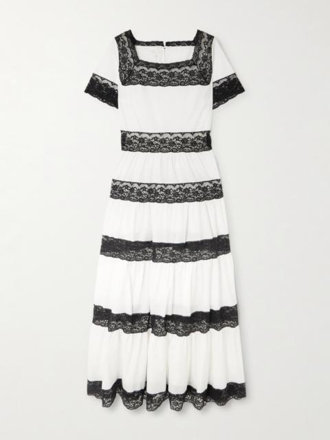 LORETTA CAPONI Tiered Lace-trimmed Cotton-poplin Midi Dress