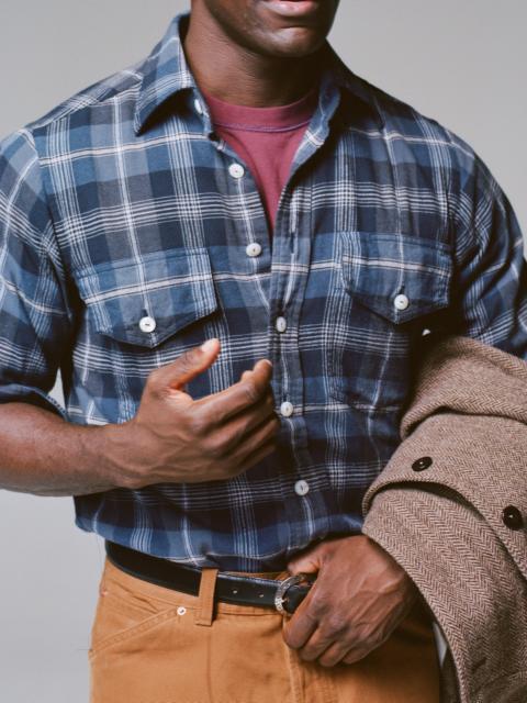 Drake's Navy Check Cotton Two-Pocket Long Point Collar Work Shirt