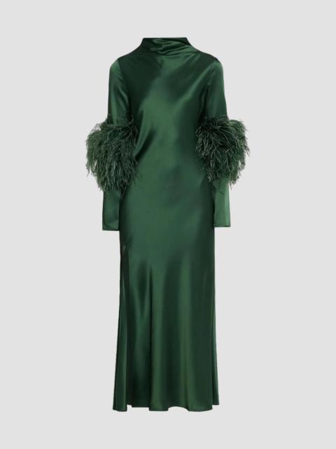LAPOINTE Women's Satin Feather-Trimmed Bias Midi Dress - Forest