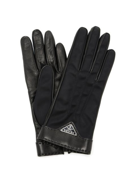 Prada Re-Nylon-Trimmed Leather Gloves black