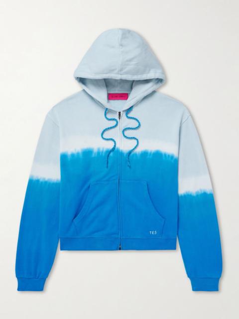 The Elder Statesman Daily Embroidered Tie-Dyed Cotton-Blend Jersey Zip-Up Hoodie Blue