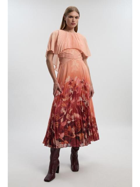 KAREN MILLEN Pleated Floral Cape Sleeve Low Back Maxi Dress