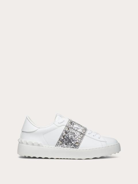 Valentino Rockstud Untitled Sneaker in Calfskin Leather with Glitter Stripe
