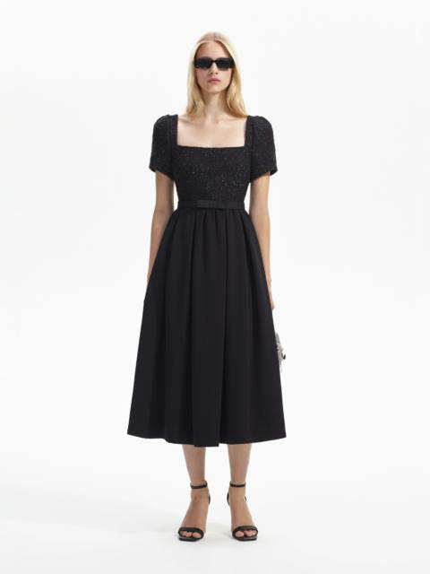 Black Boucle Square Neck Midi Dress