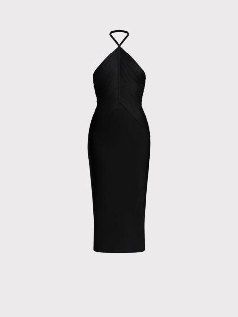 HERVE LEGER DRAPED HALTER FRINGE MIDI DRESS