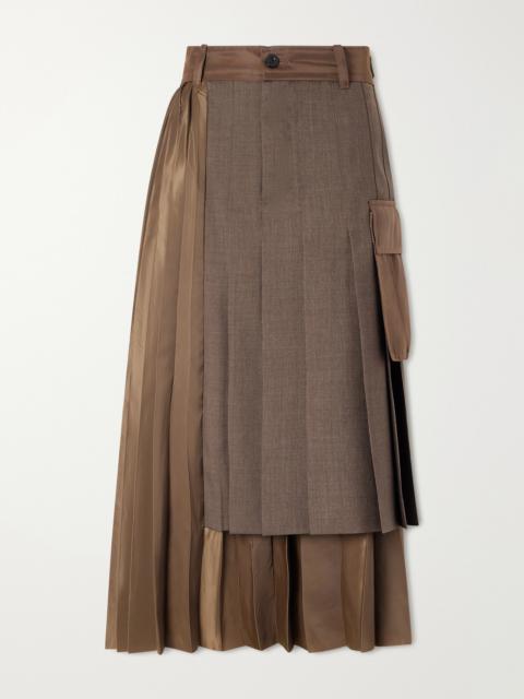 sacai Pleated Twill And Shell Midi Skirt