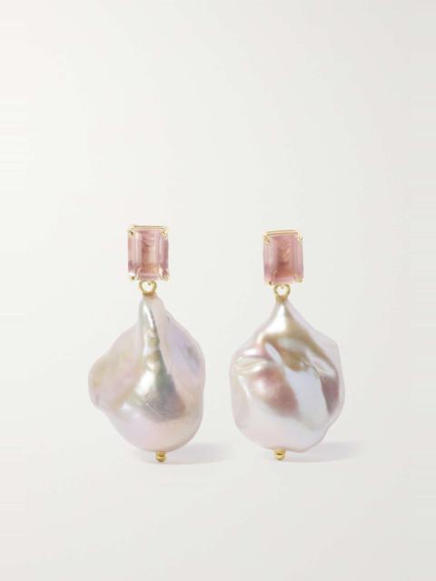 MATEO 14-karat gold, pearl and rose quartz earrings