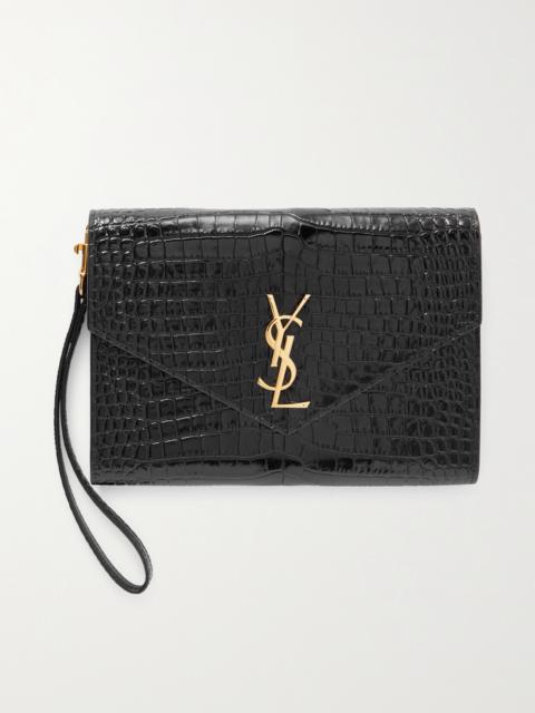 SAINT LAURENT Glossed Croc-effect Leather Clutch