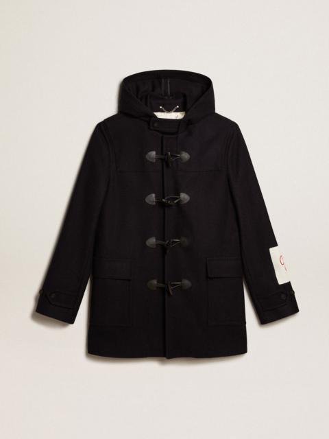 Dark blue wool duffle coat with hood and toggle fastening