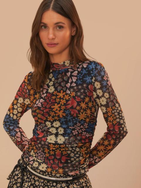 FARM RIO Black Juju Garden Tulle Blouse