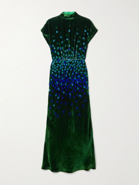 SALONI Fabienne gathered printed velvet midi dress Green