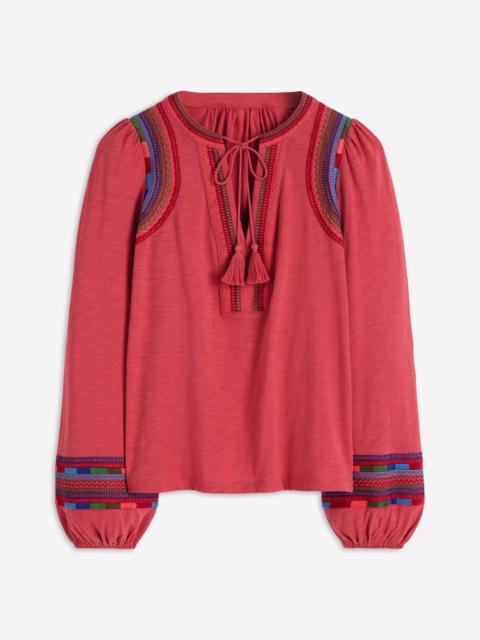 BODEN Notch Neck Embroidered Top-Holly Berry