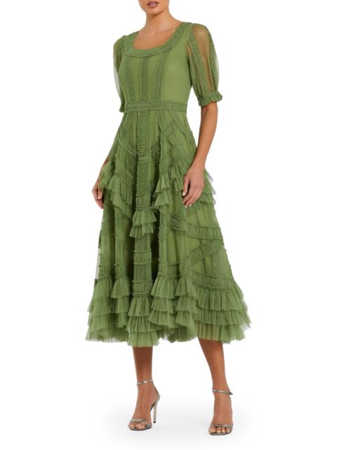 MAC DUGGAL Women's Mesh Ruffled Scoopneck Midi-Dress - Moss Green