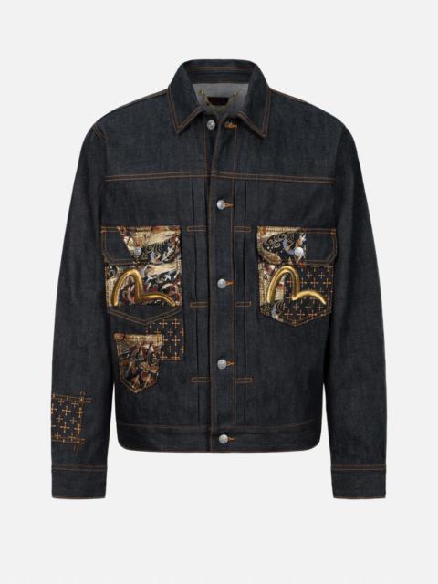 EVISU SEAGULL EMBROIDERY AND BROCADE POCKET RELAX FIT DENIM JACKET