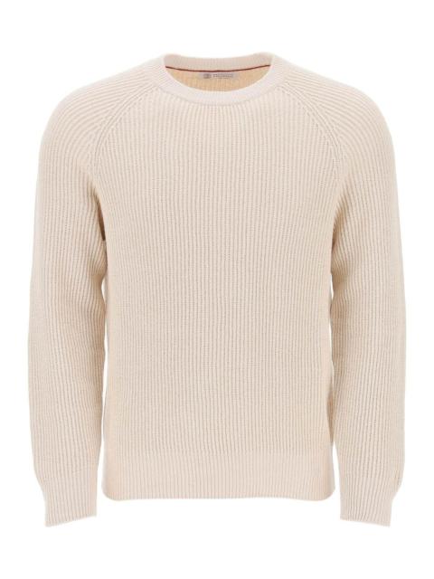 "Knitted cotton pullover with English ribbed Brunello Cucinelli