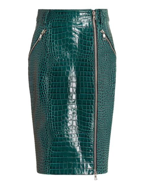 Croc-Embossed Leather Midi Skirt green