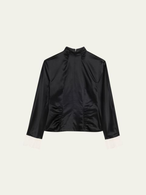 Ruched Satin Long-Sleeve Top