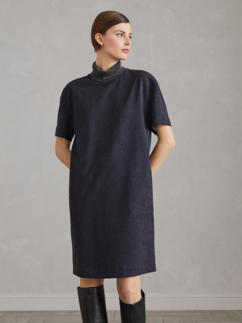 Stretch cotton lightweight French terry dress with precious ribbed collar