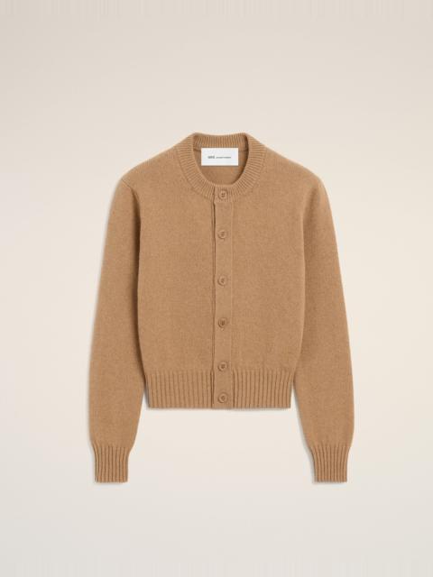 AMI Paris BEIGE CREWNECK CASHMERE CARDIGAN WITH AMI DE COEUR