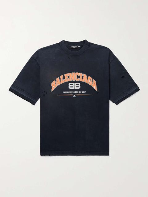 BALENCIAGA Distressed Logo-Print Washed Cotton-Jersey T-Shirt