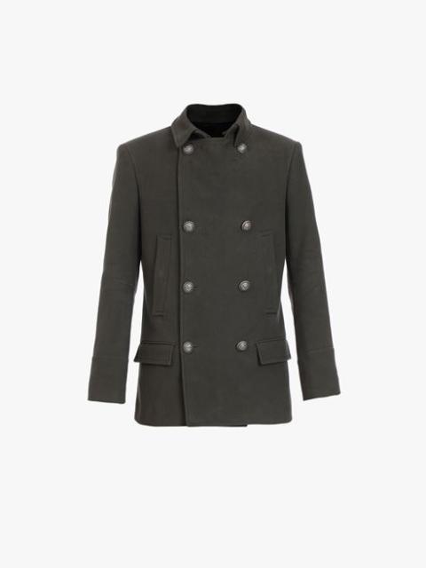 Balmain Khaki cotton pea coat with double-breasted silver-tone buttoned fastening
