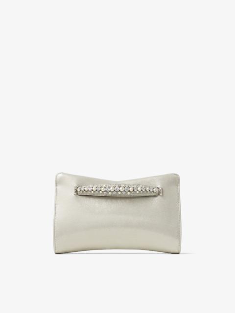 JIMMY CHOO Venus
Champagne Shimmer Suede Clutch Bag with Pearl and Crystal Bracelet Handle