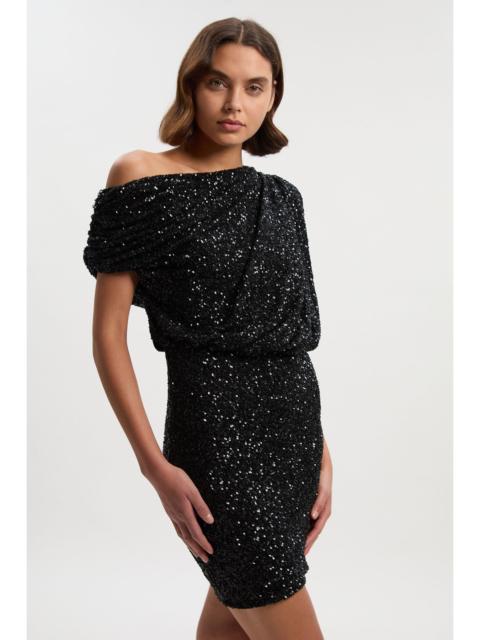 KAREN MILLEN Draped One Shoulder Jersey Stretch Sequin Mini Dress