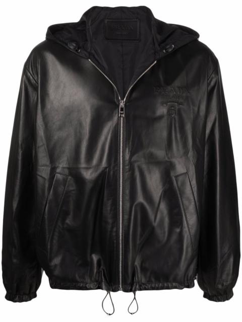 Prada debossed-logo hooded leather jacket