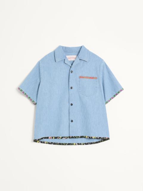 Valentino DENIM BOWLING SHIRT WITH FLORAL PRINT TRIM