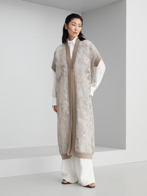 Brunello Cucinelli Cotton net embroidery long cardigan with dazzling magnolias